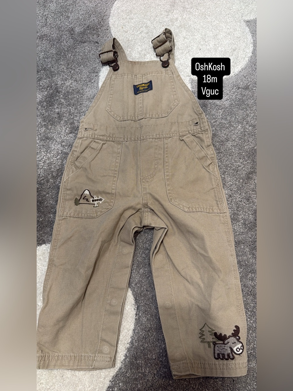 OshKosh B'gosh Tan Overalls with Moose Embroidery
